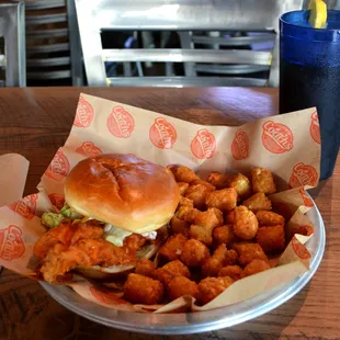 Overcooked Buffalo Chicken Sandwich and Tater Tot Hockey Pucks