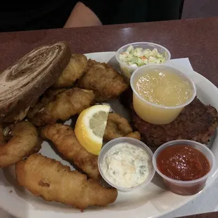 Lombardo Combo (beer battered cod, perch, and shrimp) with potato pancakes