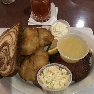 Old Fashioned with Beer Battered Cod dinner with potato pancakes.