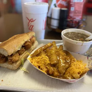 1/2 Shrimp Po-boy, cup of gumbo, gravy fries.