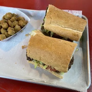 Cheeseburger poboy and fried okra.