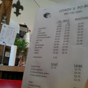 a menu for the restaurant