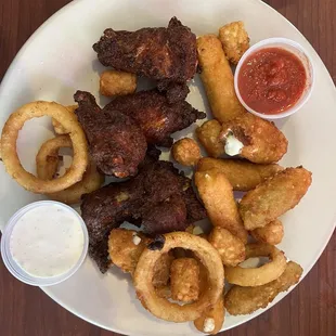 Combo Sampler $13.95 (Wings, Onion rings, Jalepeno poppers and mozzarella sticks)