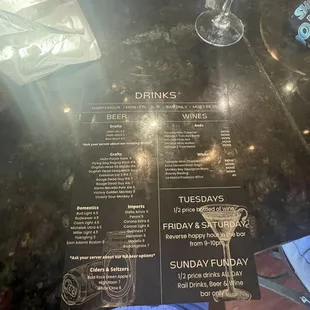 Drinks menu