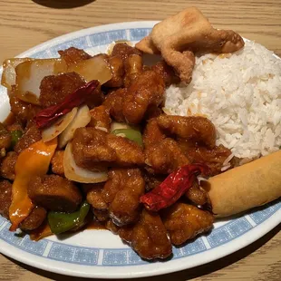 General tso&apos;s chicken (mild) with steamed rice.