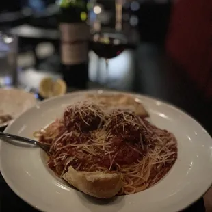 Angel hair with meat sauce and meatballs