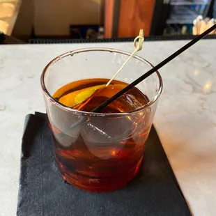 Old fashioned with Buffalo Trace bourbon and big cube.