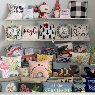 a display of decorative pillows