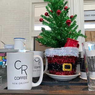 a christmas tree and mug