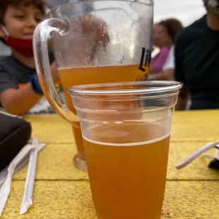 a glass of beer on a yellow table