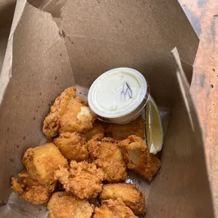 Buffalo Mahi bites with blue cheese dressing