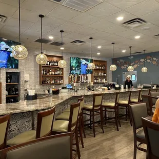 a bar with people sitting at it