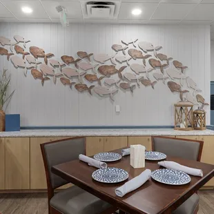 Bar Area High Tops and Coastal del Mar Decor.