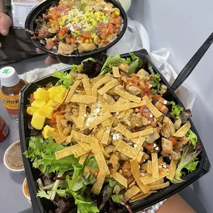 two plates of nachos and salad