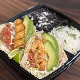 Grilled Shrimp and Grilled Salmon Soft Taco with Cilantro Lime Rice and Slow Simmered Black Beans