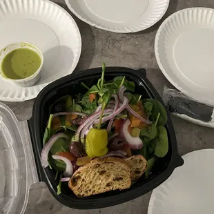 Spring salad with sweet basil vinaigrette dressing