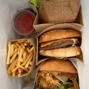 Haystack Fries, The Coastline Burger (single patty), Cranberry Fried Chicken sandwich, The Coastline Burger (single patty, lettuce bun)