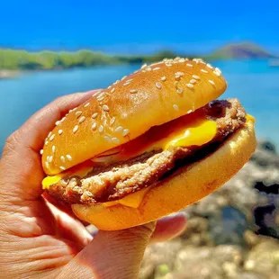 a hand holding a hamburger