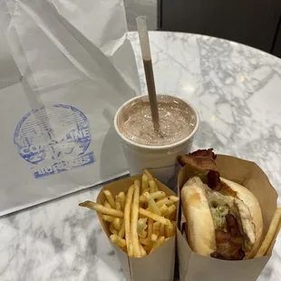 Chicken burger, fries and milkshake