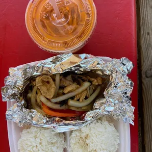 pad ka pao with thai iced tea
