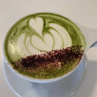 Matcha latte with GINGER, TURMERIC, CHILI DE ARBOL