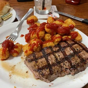 KC Strip and tater tots cooked perfect