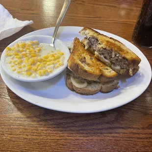 Creamed corn and Patty Melt