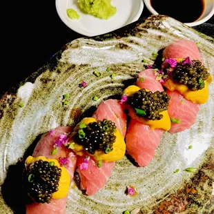 Chef's special nigiri - bluefin tuna belly, Uni, caviar - sooo buttery