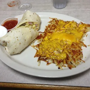 Western Wrap with cheese covered hash-browns