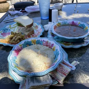 Chicken pot pie and beef stew soups, Chicken Salad Sammy with pasta salad