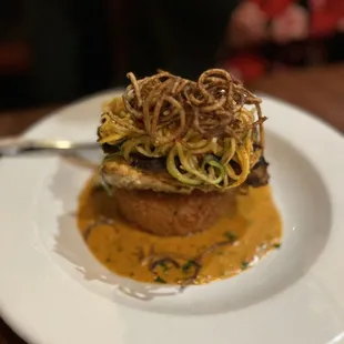 Special: Halibut stuffed with shrimp and sausage served with zucchini and squash with a creole sauce