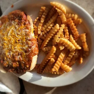 Adult chili cheese dog and fries