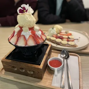 Strawberry Cheesecake Bingsu, Strawberry and Banana Crepe