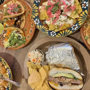 Tacos, elote tots, nachos