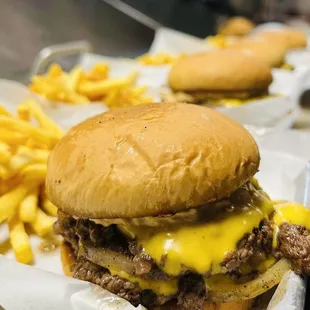a cheeseburger and fries