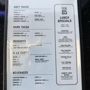 Menu 1/10/25 - Back of menu - Beverages, a La carte, Desserts, Hard tacos, Soft tacos