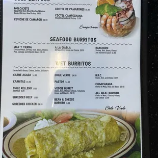 Menu 1/10/25 - Cold seafood, Seafood burritos, Wet burritos