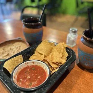 Chips, salsa and bean dip