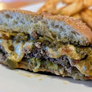 Half-pound green chile cheeseburger, cooked to order (med-well) - quite tasty