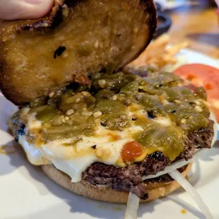 Half-pound green chile cheeseburger - filling and tasty