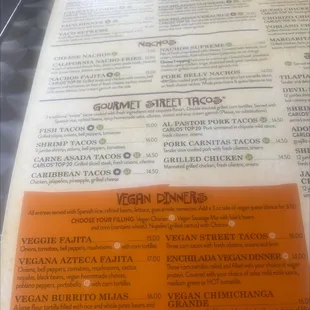 Vegan menu