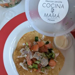 Tostada topped with fish ceviche