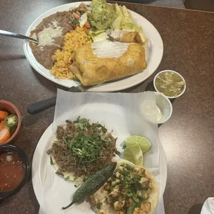 Asada chimichanga, chicken &amp; birria tacos (not pictured: bean and cheese papusa)