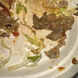 Shredded chicken fried taco, chicken scraps, skin, veins, fat