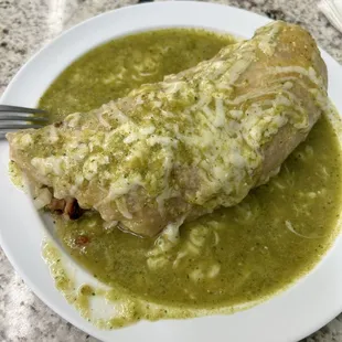 Chicken burrito with green sauce.
