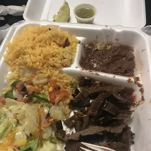 Carne Asada, pico, rice and beans