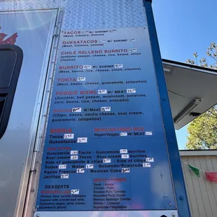 a menu on a food truck