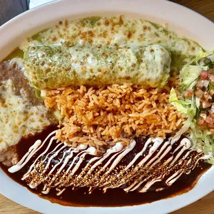 Enchiladas Divorciadas: One green and one mole enchilada