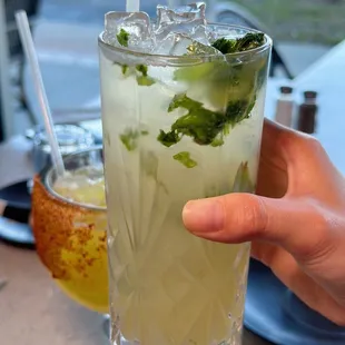 a hand holding a tall glass of mojita