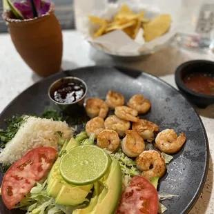 Shrimp with chipotle sauce on the side. Delicioso